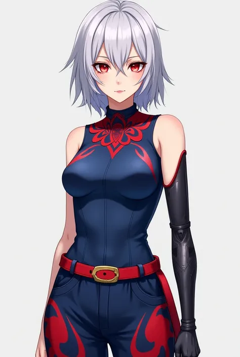 the image of an androgynous anime style boy with silver hair and red eyes wearing a blue sleeveless garment with red decoration, tight around the neck, that leaves the arms and shoulders exposed, showing an effeminate and masculine appearance at the same t...