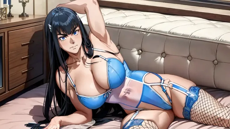 masterpiece, high quality, best quality, (((1girl))), (muscular female:1.0), (huge breasts:1.0), (closed mouth, half smile), kiryuin satsuki, blue eyes, ((hairclip, lingerie, garter belts, fishnets, leotard)), anime screencap, anime key visual, (fully clot...