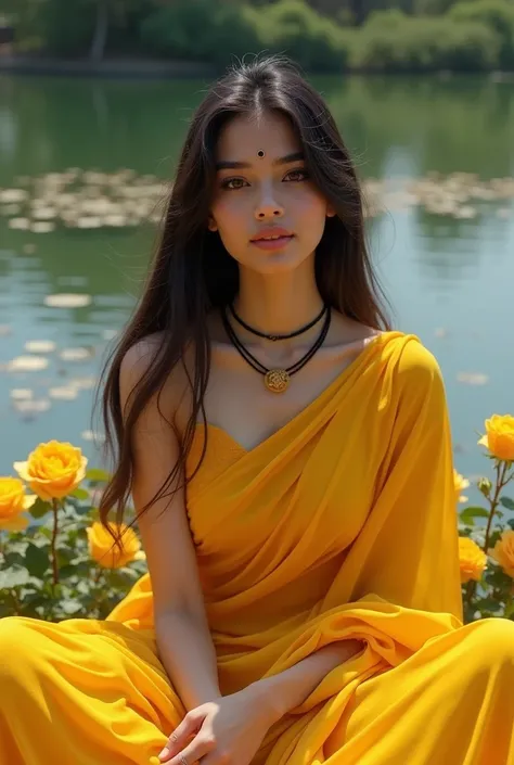 A beautiful glowing fair skin tone young Indian women,wear yellow chiffon saree and blouse,long hair, black smoky eyeshadow,bindi, mangalsutra,she sit in lack side with handsome in Rose flower 