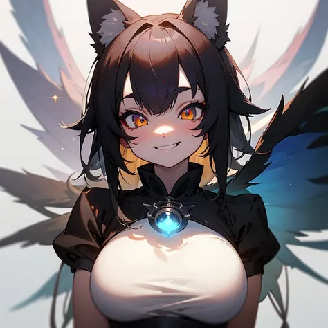 masterpiece,insanely detailed, a girls, kemono, furry face, evil smiling, grinning,luminous eyes, with sparkling eyes, narrow eyes, scrawny, dark fantasy, white background, upper body, dutch angle shot