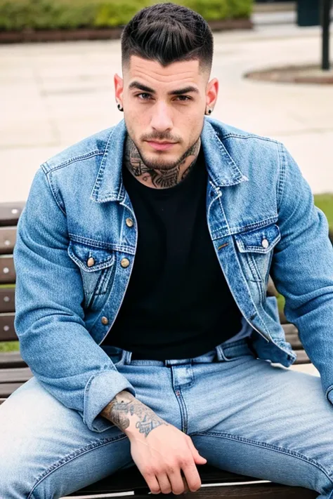 An attractive and masculine young man, with a detailed face, with an attractive rough appearance, of 2 men with a denim jacket and a tattoo on their neck, sitting on a bench, low fade. 