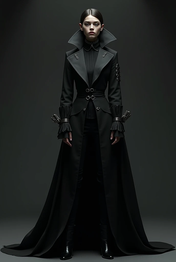 A long black jacket, have collars, silver accessories, vambrace on right sleeve