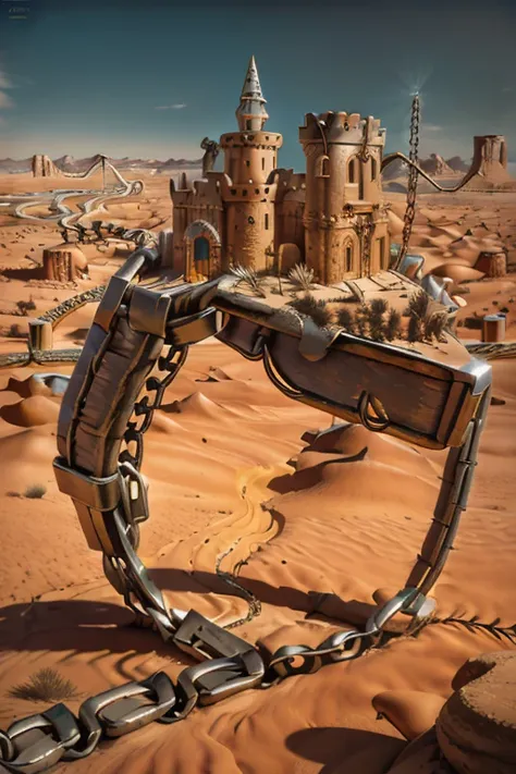 ( surrealism ) a surreal scene involving  (chains:1.5), chain world. a world made of chains. chains are everywhere, involving de...