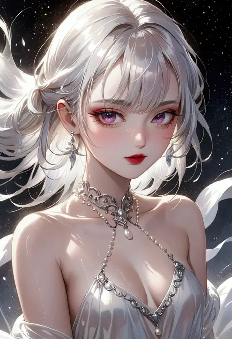 cool beauty, striking eyes, glossy silky messy ivory half-up hair, amorous and lewd expression, perfect proportions, wearing pearl white loose slingshot dress, platinum jewelry, mist effects, smear effects, iridescent dust sparkle effects, delicate and dyn...