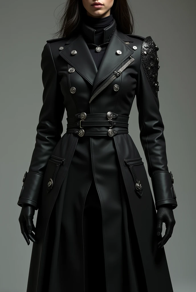 A long black jacket, have collars, silver accessories, vambrace on right sleeve, female assassin outfit style