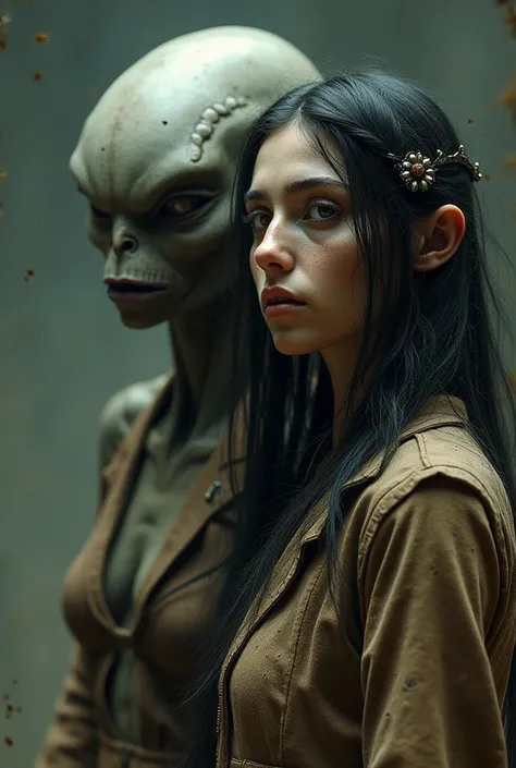 Scary Alien Lady, Extremally realistic american native woman with her alien friend from cosmos, long black hair, ragged remains of classic clothing from the 19th century, An old hat on his head, generate vintage and very old image.