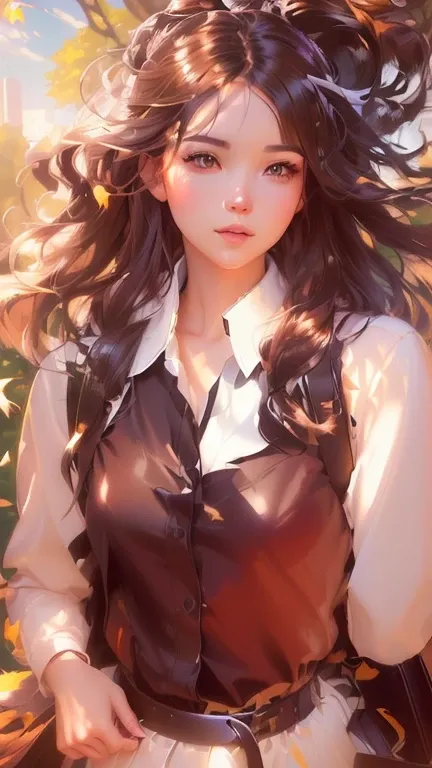 A woman with long hair is standing in a park with leaves, Ilya Kuvshinov with long hair, Smooth anime CG art, Long Hair Anime Girl, Shiny, flowing hair, Beautiful digital art, Beautiful anime portraits, ArtJam. Anime illustration, Flowing, shiny hair, Real...