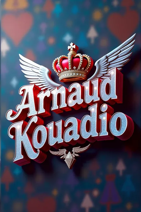 Elegant 3D typography with name. "Arnaud Kouadio" with an elegant crown and fine diamonds with sparkles of bright colors and angel wings, photo, typography, Vibrantv0.1, graffiti, illustration, photo, produit, vogue, 3d rendering, typography