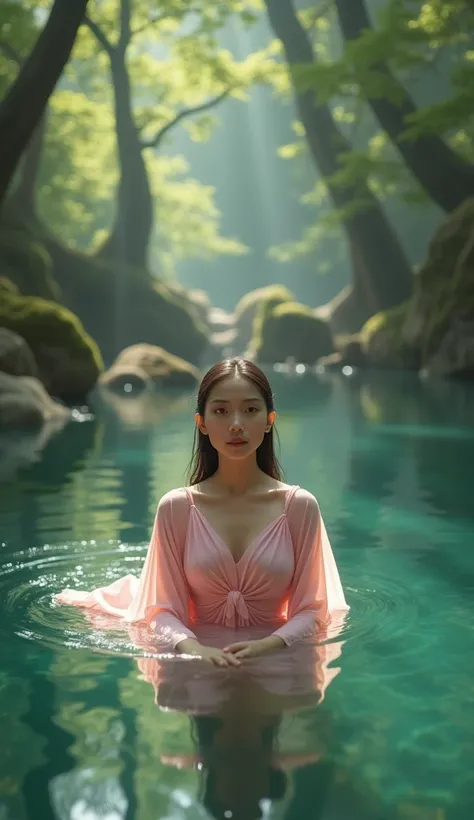 Beautiful Indonesian girl wearing a thin pink robe is swimming in a lake in the middle of the forest. On the edge of the lake there are many large rocks and large trees. In the background, her friends are left behind in the middle of the lake.