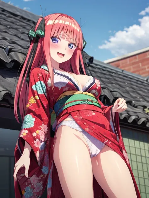 best quality, insanely detailed, nino nakano, breasts, blush, looking at viewer, cheerful eyes, arousal, kimono, highleg kimono, tight kimono, pussy, roof top background, lingerie