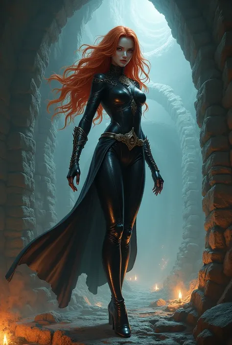 Tall slender albino sorceress, wavy bright red hair, hazle eyes, black leather bodysuit, thigh-high boots, casting spell at an undead horde deep in a dungeon. 