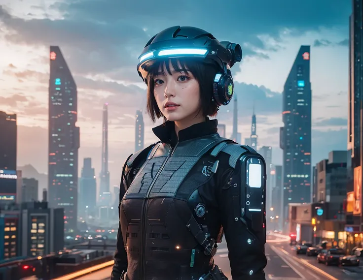 Masterpiece,high resolution,8k,Perfect Face,Perfect body。Futuristic costume、A healthy, flushed woman, 20 years old。Future city skyscrapers。A realistic live-action Hollywood drama。