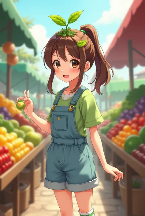 Cheerful anime style teenager with brown hair tied in a ponytail with a leaf-shaped hair clip and a growing plant in the center of her head with two leaves wearing light blue overalls with a green sweater with short sleeves with white socks with green stri...