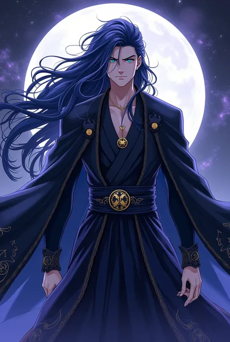 "Create an anime version of Azathoth as a handsome, cool-looking male character. He should have an imposing presence, with sharp facial features, long flowing hair, and dressed in dark, mystical robes.symbolizing his immense power and connection to the uni...