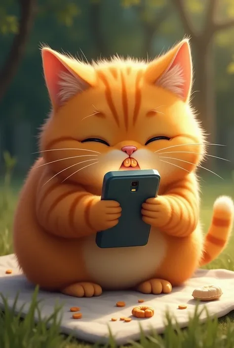 A orange realistic chubby cat  with mobile phone  while eating