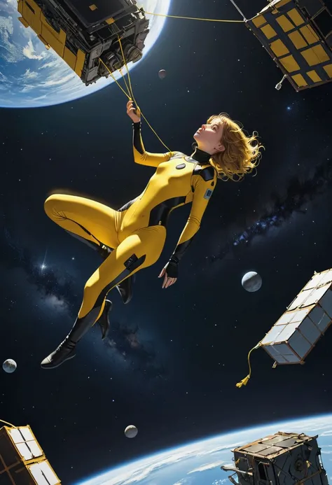 A girl in yellow and black body suit floating in space hanging from a piece of junk