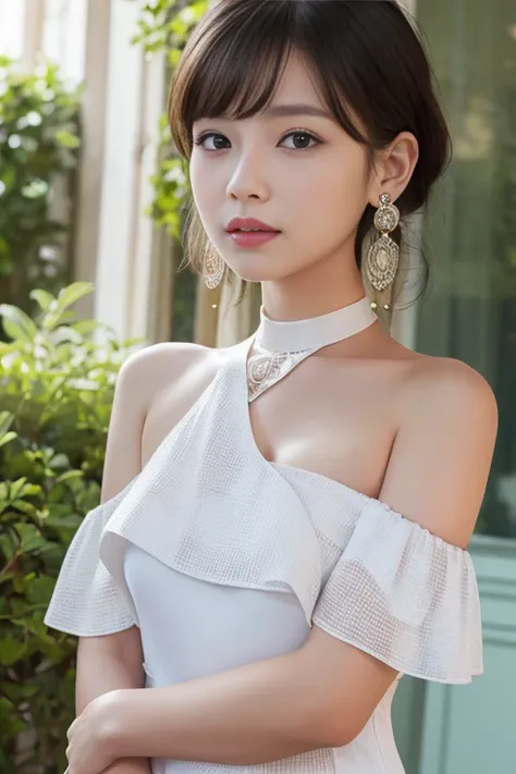 masterpiece、Highest quality、upper body、 (Upper Body:1.3)、 a large open chest area,((One-shoulder dress:1.5))、(Small breasts:1.3) White-haired beautiful girl、choker、Earrings、Bangles、Cute face、Viewer&#39;s Eyes、smile、Ultra-realistic、High resolution、photograp...