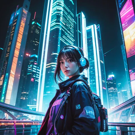 Masterpiece,high resolution,8k,Perfect Face,Perfect body。Futuristic costume、A healthy, flushed woman, 20 years old。Future city skyscrapers。A realistic live-action Hollywood drama。