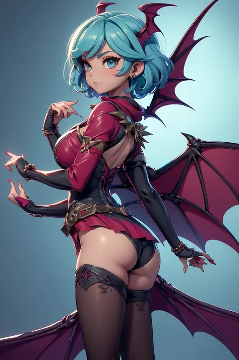 Mini Morrigan Aensland, (Morrigan Aensland), standing alone, ray tracing, 3D style, 3DMM, ((oses per photo)), fully body,(from front view),(Costas Issue), (Emist on the left), show flat belly, (((oses per photo))),(very big breastsperfect ass, perfect and ...