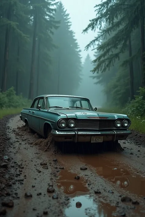 Le son de la pluie et du métal résonnait à lunisson，Les pneus sont déchirés et tournent dans la boue couleur caramel，The engine barked frantically in the sombre。Cétait une Chevrolet Impala désuète:Litflan impala。Voiture en difficulté sur un chemin de terre...