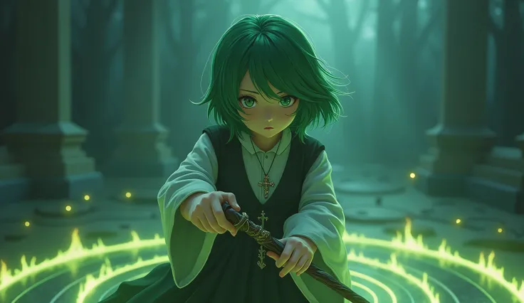 ((Super detailed, ultra hd, 8k, best quality, masterpiece, ultra realistic, perfect face, detailed eye, beautiful hands))1 girl, holding magic staff, casting a magic spell, serious face, intense situation, dark sky, realistic light, magic circle, witch hat...