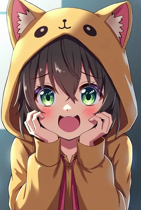 Girl, short brown hair,green eyes,cat cosplay,with hands half up, embarrassed, ashamed, anime style,4k full HD quality