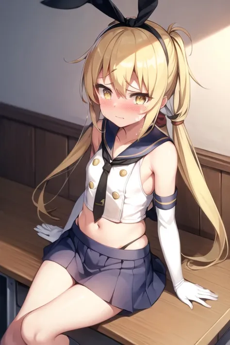 1girl, satsuki, kantaicollection, blonde_hair, long_hair, yellow_eyes, shimacos,crop top,microskirt,elbow gloves, flat chest, embarrassed, blushed, (sitting on desk), (tears:1.2),crying, crescent_pin, necktie, (masterpiece), high resolution, 8k, best quali...