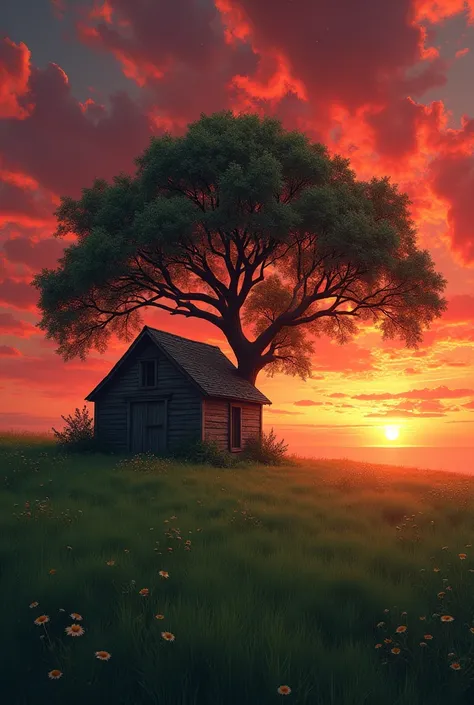 "Crimson Sky Refuge"The sky blazes with shades of crimson and gold as the sun sinks toward the horizon, casting a warm, ethereal light over the landscape. A solitary house stands at the edge of a vast, emerald-green meadow, its wooden walls glowing softly ...