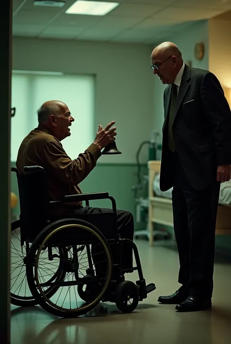 text in bottom written as I WILL DO IT IF YOU GIVE BUZZ, An intense scene from Breaking Bad, showing Hector Salamanca seated in his wheelchair in a dimly lit nursing home room. His wrinkled hand hovers above a bell attached to his chair, ready to press it,...