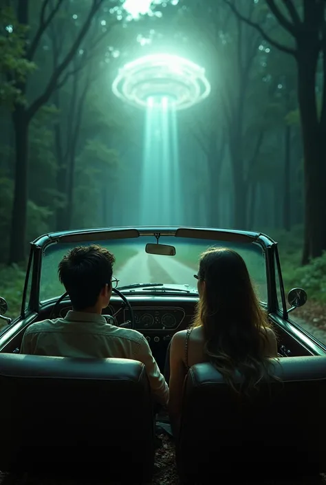 A couple inside an old car in the middle of the forest on a road watching a strange light coming from the sky 