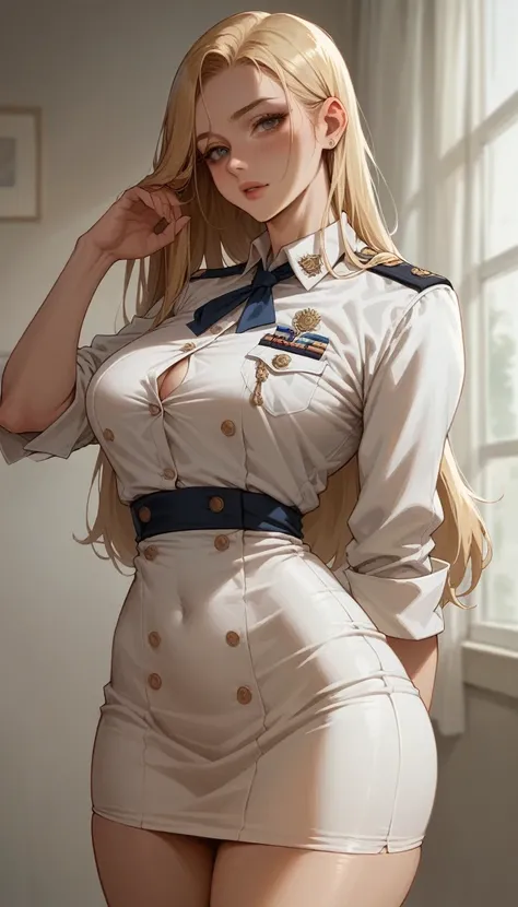 a sexy blonde girl with a voluptuous body wearing a new short naval dress uniform, it&#39;s too sexy and sensual, it has white l...