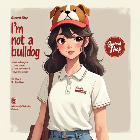 Create an image of a 20-year-old girl with a bulldog cap and a white polo shirt where the words &quot;I&#39;m not a bulldog&quot; are written. "central" a un costado 
EL FONDO ES UNA PORTADA PARA LA REVISTA central SHOP