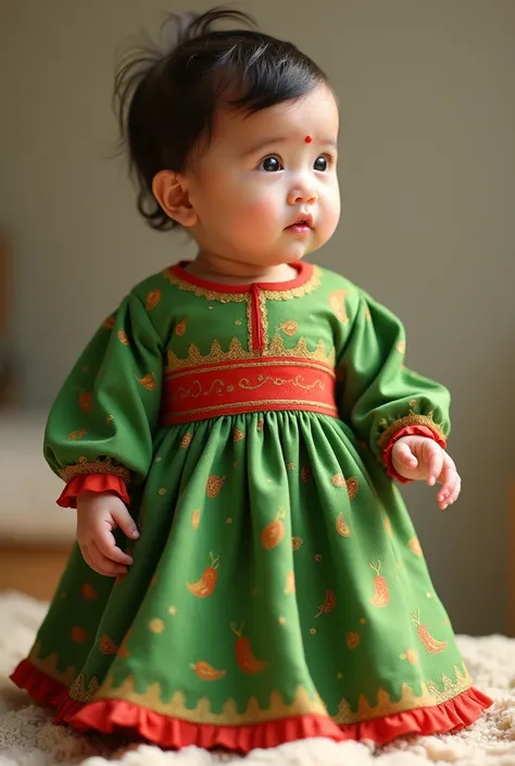 Create a green gown with red with golden dot nepali chili for 6 month old baby make a weaning dress 