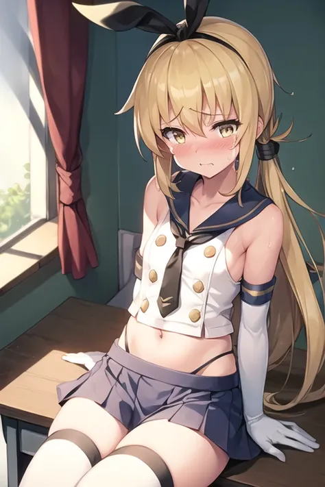 1girl, satsuki, kantaicollection, blonde_hair, long_hair, yellow_eyes, shimacos,crop top,microskirt,elbow gloves, upper body, fl...