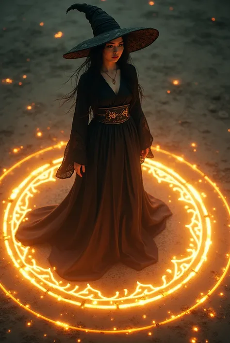 Real faces，Japanese women，1，Witch clothes，front，There is a magic circle on the ground that emits golden light.