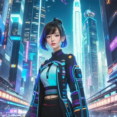 Masterpiece,high resolution,8k,Perfect Face,Perfect body。Futuristic costume、A healthy, flushed woman, 20 years old。Future city skyscrapers。A realistic live-action Hollywood drama。