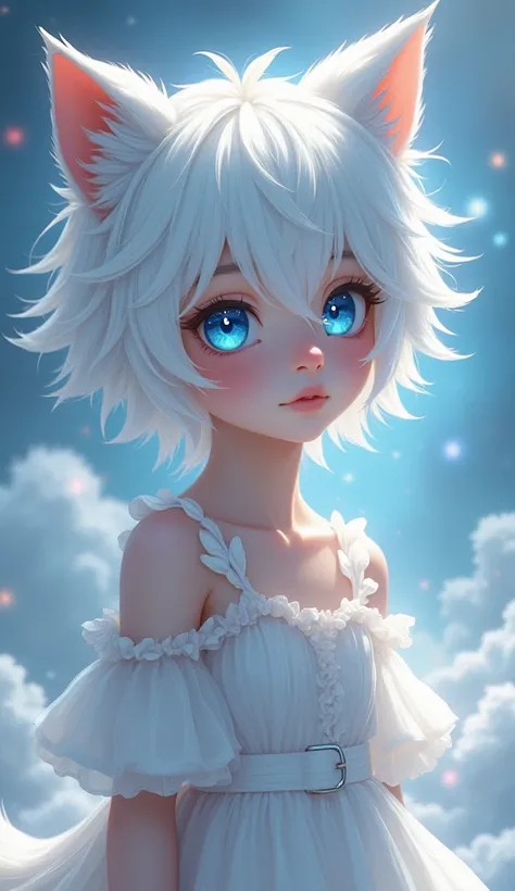 White haired omega boy,sky blue eyes with wolf ears and tail sexy and cute with a dress