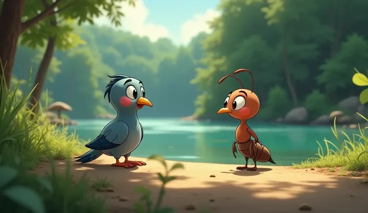 Scene 5: कबूतर और चींटी का धन्यवाद करना"The pigeon and the ant are standing near the riverside, facing each other as if in conversation. The pigeon looks grateful, and the ant appears content. In the background, the forest is calm and serene, with the rive...