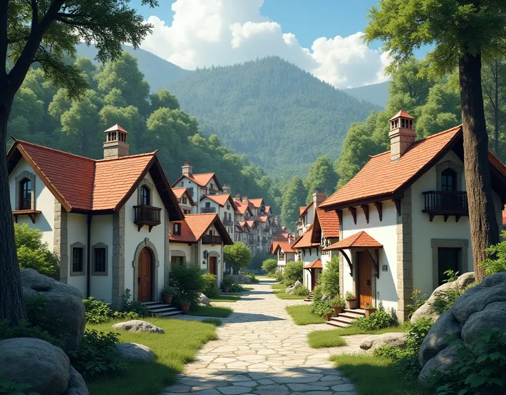 Many mini Greek architecture chalets surrounded by forest