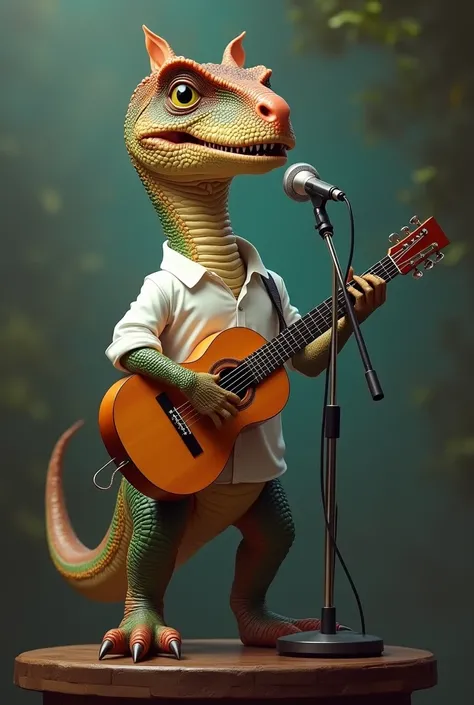 A dinosaur with a cat nose, with white shirt, Singing, with microphone and pedestal, playing classical guitar