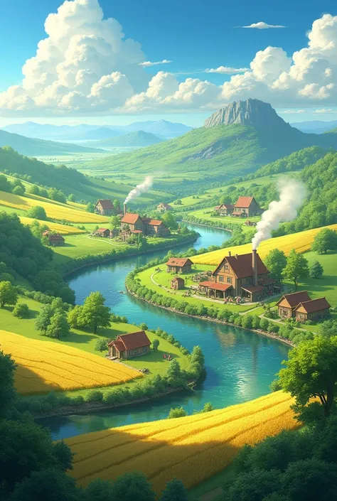 Final View of Village and Fields: A panoramic view of the village and fields after the successful harvest. The fields are lush and green, the river sparkles under the sun, and the village is peaceful, with smoke rising from a few chimneys.