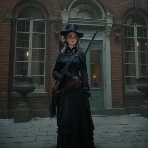 there is a woman in a black dress and hat holding a rifle, still from a live action movie, inspired victorian sci - fi, classical witch, inspired by Jean-Louis-Ernest Meissonier, victorian style costume, she is holding a sword, olivia culpo as milady de wi...