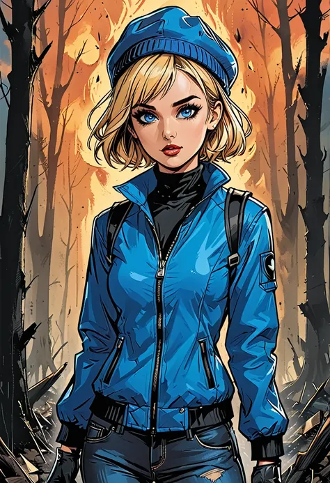 fullbody,((open mouth)), ((profile portrait girl in Blue zipped up down winter jacket and black turtleneck )) and (jeans) and blue gloves and (((blue winter hat)))) walking in dead forest, forest after a fire, black dead trees, no leaves,  adult, [Nordic],...