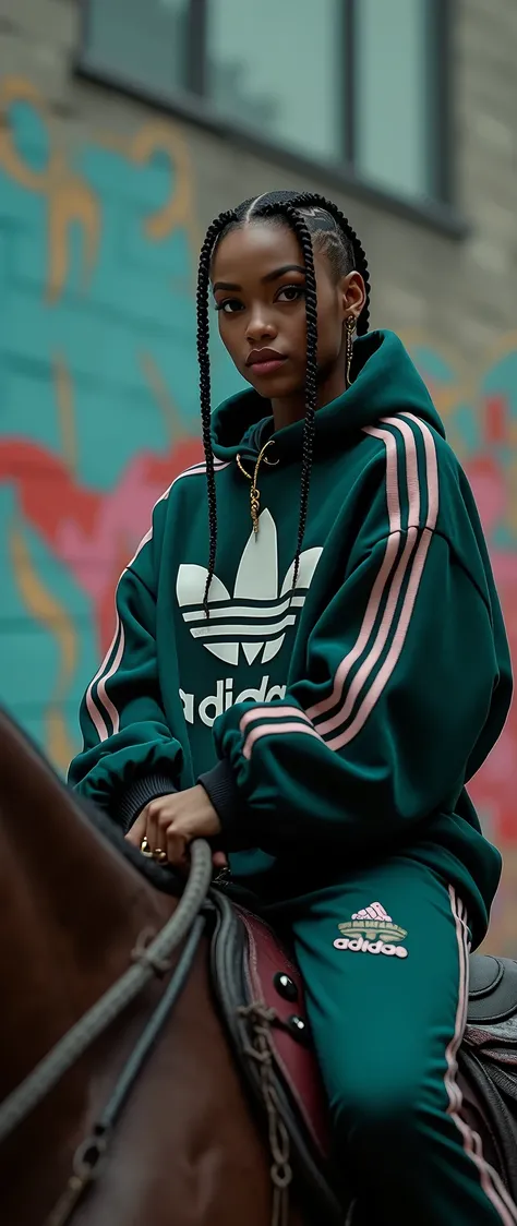 A rap music video  female rapper farmer on horse, horseback, thick oversized silk adidas claean class baggy tracksuit with brand names , twist rope braid, dynamic hand  getsures,, hip hop rap vibe,  detailed eyes, detailed lips, extremely detailed eyes and...