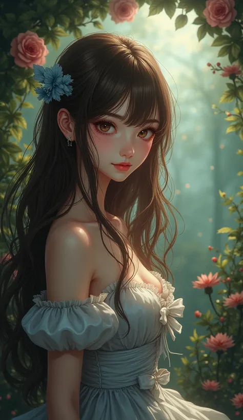 a beautiful anime girl with long brown hair, (best quality,4k,8k,highres,masterpiece:1.2),ultra-detailed,(realistic,photorealistic,photo-realistic:1.37),extremely detailed eyes and face,longeyelashes,beautiful detailed lips,beautiful detailed eyes,elegant ...