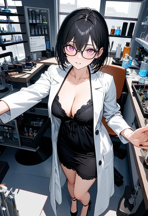 best quality,insanely detailed,8k,detailed background,detailed eyes,detailed face,lab,1 girl,scrawny,wear white lab coat,large breasts,((shortcut)),deep black hair,cleavage,((POV)),black negligee,pink eyes,heels,hairs between eyes,glasses