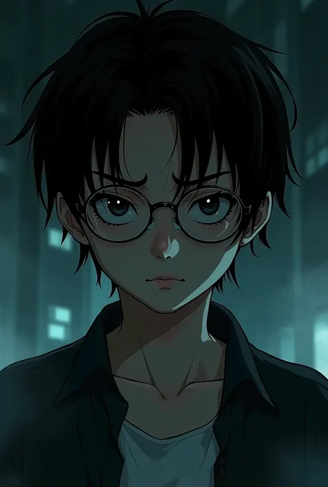 asian boy,tall,wear glasses,medium hair,style manhwa,scary dark face