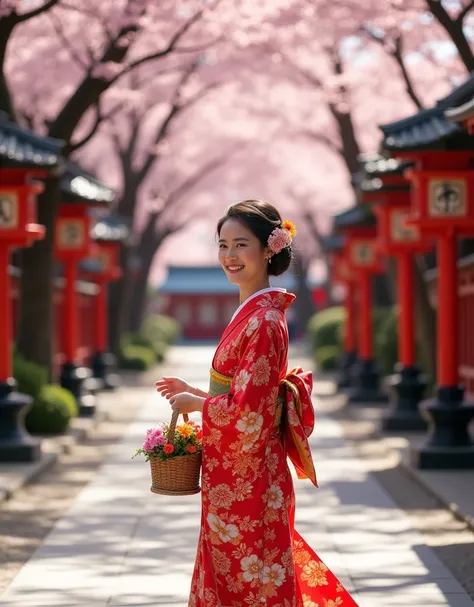 A beautiful, vibrant shrine maiden in a bright red kimono with intricate gold and white patterns, smiling as she walks down a wide, sunlit stone path lined with ornate, red lacquered lanterns. Cherry blossoms cascade from the branches of towering trees, cr...