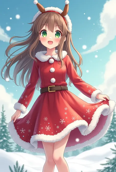 Girl, long brown hair,green eyes, Santa Claus style Christmas dress,Whole body, Version anime, 4k full HD quality,snow background and a snowy sky 