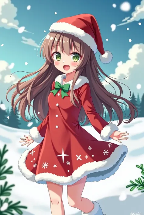 Girl, long brown hair,green eyes, Santa Claus style Christmas dress,Whole body, Version anime, 4k full HD quality,snow background and a snowy sky 